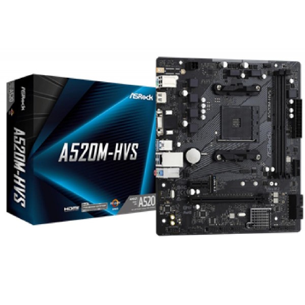 ASROCK MB A520M-HVS, SOCKET AMD AM4, CS AMD A520, 2 DIMM SOCKETS DDR4, DSUB/HDMI, LAN GIGABIT, MICRO-ATX, 2YW.