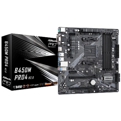 ASROCK MB B450M PRO4 R2.0, SOCKET AMD AM4, CS AMD B450, 4 DIMM SOCKETS DDR4, D-SUB/DVI-D/HDMI, LAN GIGABIT, MICRO-ATX, 2YW. ASROCK MB B450M PRO4 R2.0, SOCKET AMD AM4, CS AMD B450, 4 DIMM SOCKETS DDR4, D-SUB/DVI-D/HDMI, LAN GIGABIT, MICRO-ATX, 2YW.