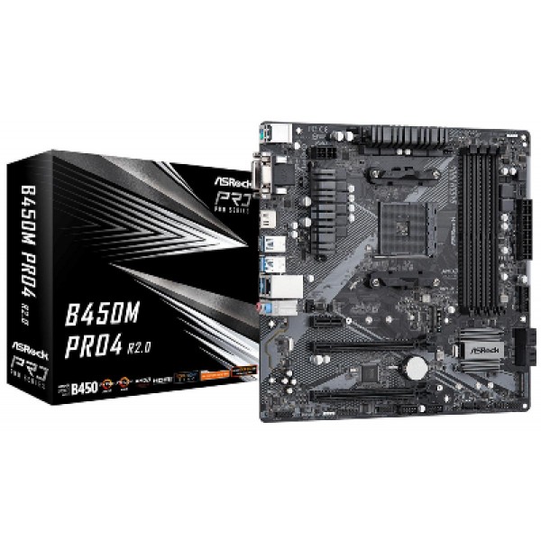 ASROCK MB B450M PRO4 R2.0, SOCKET AMD AM4, CS AMD B450, 4 DIMM SOCKETS DDR4, D-SUB/DVI-D/HDMI, LAN GIGABIT, MICRO-ATX, 2YW.