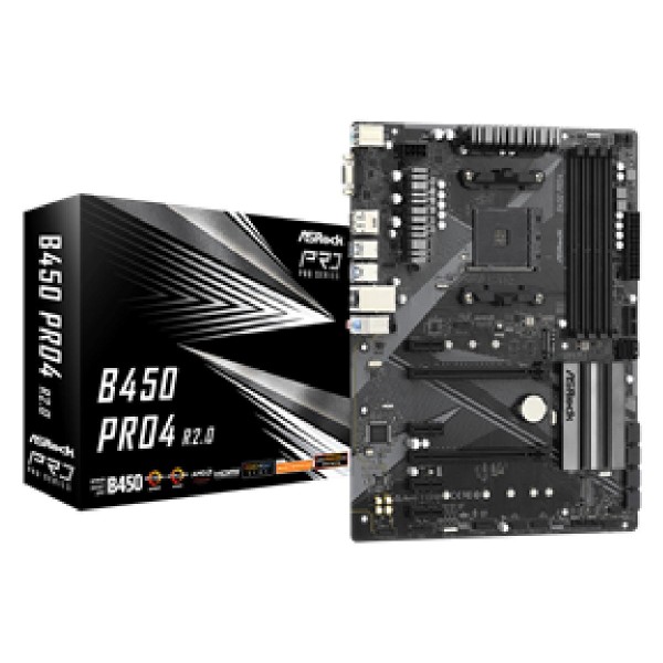 ASROCK MB B450 PRO4 R2.0, SOCKET AMD AM4, CS AMD B450, 4 DIMM SOCKETS DDR4, D-SUB/DISPLAY PORT/HDMI, LAN GIGABIT, ATX, 2YW