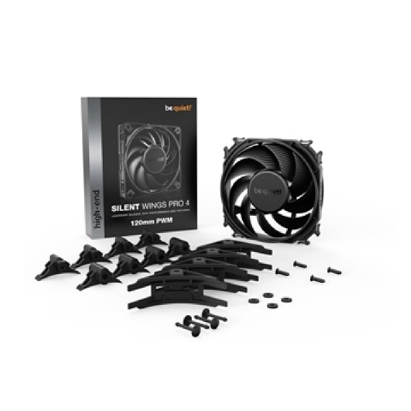 BEQUIET FAN SILENT WINGS PRO 4 120MM PWM BL098, 3000RPM, 83,9CFM/142,5M3/H, 36,9 dB, Lifespan 300000h, BLACK, 5YW. BEQUIET FAN SILENT WINGS PRO 4 120MM PWM BL098, 3000RPM, 83,9CFM/142,5M3/H, 36,9 dB, Lifespan 300000h, BLACK, 5YW.