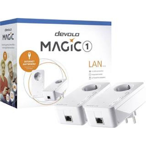 DEVOLO POWERLINE MAGIC 1 LAN 1-1-2 EU STARTER KIT (8302), 2x MAGIC 1 LAN ADAPTER, 1200Mbps, SHUKO, AC POWER OUT SOCKET, 3YW.