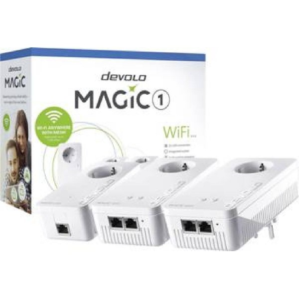 DEVOLO POWERLINE MAGIC 1 WIFI 2-1-3 EU MULTIROOM KIT (8374), 1x MAGIC 1 LAN ADAPTER & 2x MAGIC 1 WiFi (WIRELESS) ADAPTER, 1200Mbps, SHUKO, AC POWER OUT SOCKET, 3YW.