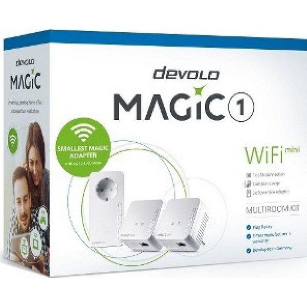 DEVOLO POWERLINE MAGIC 1 WIFI MINI EU MULTIROOM KIT (8577), 2x MAGIC 1 WIFI MINI (WIRELESS) ADAPTER & 1x MAGIC 1 LAN ADAPTER, 1200Mbps, SHUKO, AC POWER OUT SOCKET, 3YW.