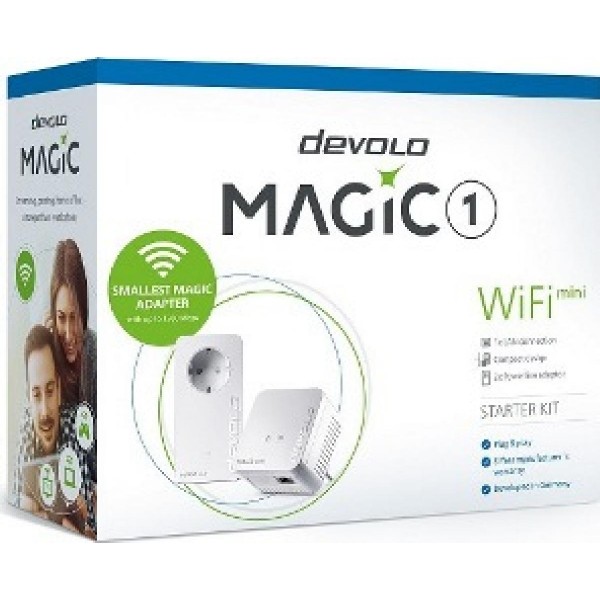 DEVOLO POWERLINE MAGIC 1 WIFI MINI EU STARTER KIT (8568), 1x MAGIC 1 WIFI MINI (WIRELESS) & 1x MAGIC 1 LAN ADAPTER, 1200Mbps, SHUKO, AC POWER OUT SOCKET, 3YW.