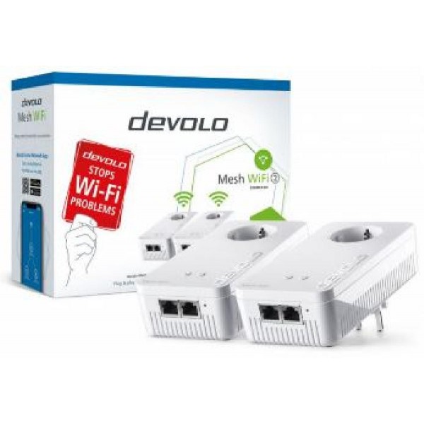 DEVOLO POWERLINE MESH WIFI 2 STARTER KIT (8759), 2x MESH WIFI 2 (WIRELESS) ADAPTERS, 1200Mbps (SISO)/2400Mbps (MIMO), SHUKO, AC POWER OUT SOCKET, 3YW.