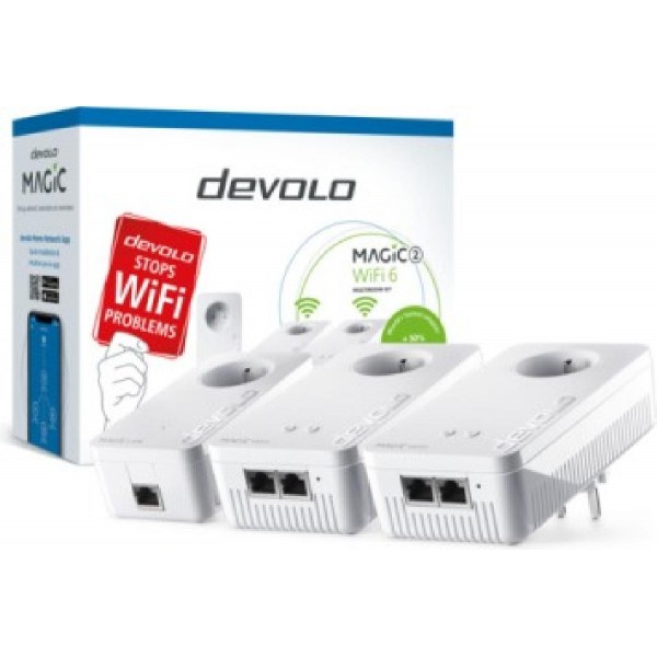 DEVOLO POWERLINE MAGIC 2 WIFI 6 MULTIROOM KIT (8830), 1x MAGIC 2 LAN ADAPTER & 2x MAGIC 2 WiFi 6 (WIRELESS) ADAPTER, 2400Mbps, SHUKO, AC POWER OUT SOCKET, 3YW.