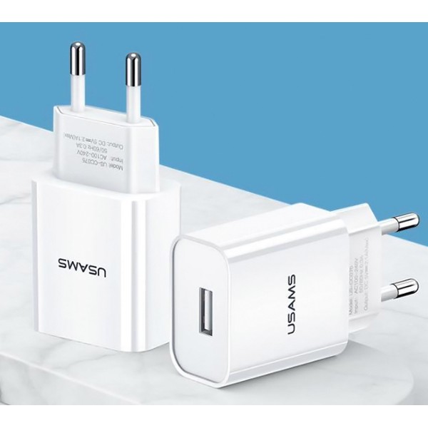 USAMS φορτιστής τοίχου T18, 1x USB, 2.1A, λευκός