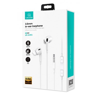 USAMS earphones με μικρόφωνο EP-41, 3.5mm, 10mm, 1.2m, λευκά USAMS earphones με μικρόφωνο EP-41, 3.5mm, 10mm, 1.2m, λευκά
