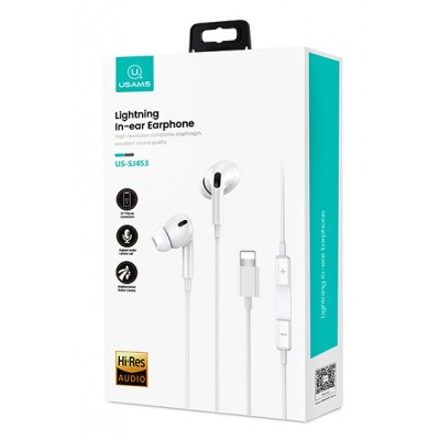 USAMS earphones με μικρόφωνο EP-41, Lightning, 10mm, 1.2m, λευκά USAMS earphones με μικρόφωνο EP-41, Lightning, 10mm, 1.2m, λευκά