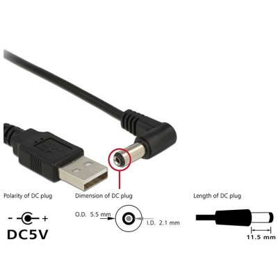 DELOCK Καλώδιο από USB σε DC 5.5 x 2.1mm, γωνιακό, 1.5m DELOCK Καλώδιο από USB σε DC 5.5 x 2.1mm, γωνιακό, 1.5m