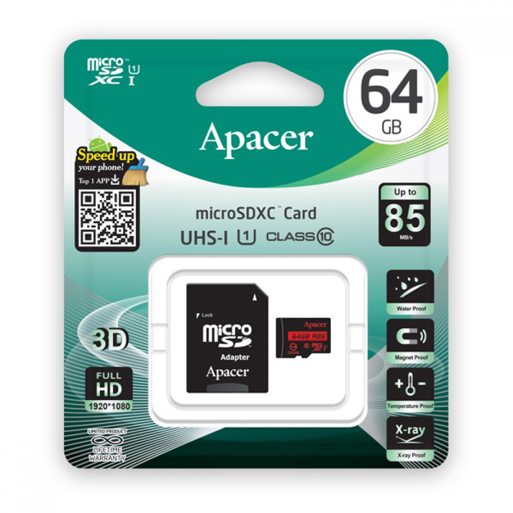 APACER Κάρτα Μνήμης Micro SDHC UHSI U1 R85, 64GB, Class10