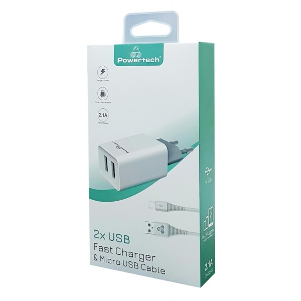 POWERTECH Φορτιστής τοίχου & καλώδιο Micro USB PT-775, 2x USB, 2.1A