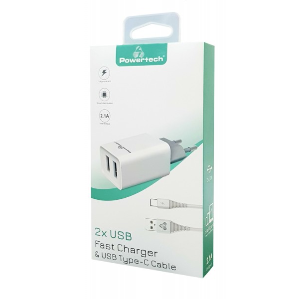 POWERTECH Φορτιστής τοίχου & καλώδιο USB Type-C PT-776, 2x USB, 2.1A