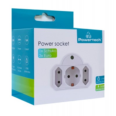 POWERTECH αντάπτορας ρεύματος PT-816, 1x schuko, 2x euro, 16A, λευκός POWERTECH αντάπτορας ρεύματος PT-816, 1x schuko, 2x euro, 16A, λευκός