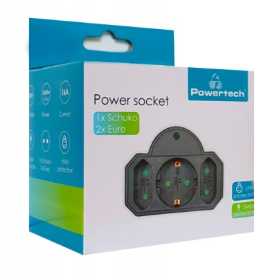 POWERTECH αντάπτορας ρεύματος PT-817, 1x schuko, 2x euro, 16A, μαύρος POWERTECH αντάπτορας ρεύματος PT-817, 1x schuko, 2x euro, 16A, μαύρος