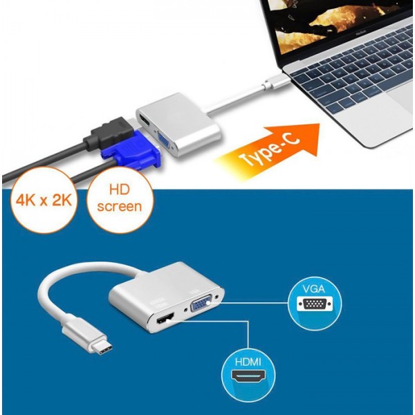 POWERTECH converter USB Type-C σε VGA + HDMI 4K PTH-041, ασημί