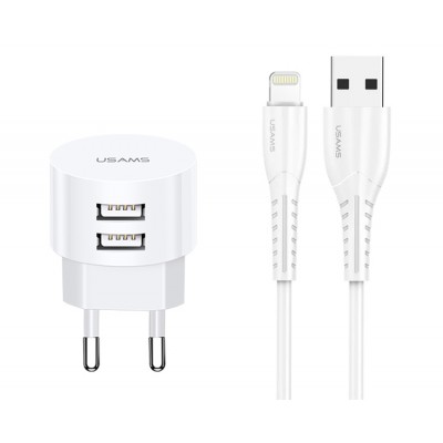 USAMS φορτιστής τοίχου T20 & καλώδιο Lightning, 2x USB, 2.1A, λευκός USAMS φορτιστής τοίχου T20 & καλώδιο Lightning, 2x USB, 2.1A, λευκός