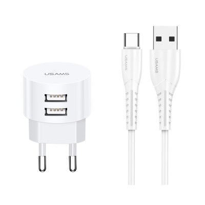 USAMS φορτιστής τοίχου T20 & καλώδιο type-C, 2x USB, 2.1A, λευκός USAMS φορτιστής τοίχου T20 & καλώδιο type-C, 2x USB, 2.1A, λευκός