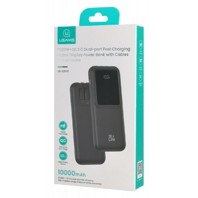USAMS power bank US-CD193 με καλώδια, 5x έξοδοι, 10000mAh, 20W, μαύρο USAMS power bank US-CD193 με καλώδια, 5x έξοδοι, 10000mAh, 20W, μαύρο