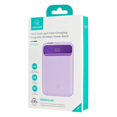 USAMS power bank US-CD214, 2x έξοδοι, wireless, 10000mAh, 20W, μωβ USAMS power bank US-CD214, 2x έξοδοι, wireless, 10000mAh, 20W, μωβ