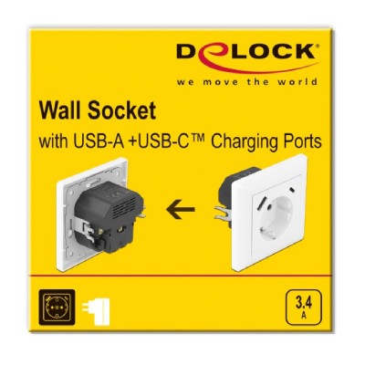 DELOCK πρίζα τοίχου 11489 με θύρες φόρτισης USB & USB Type-C 3.4A, λεύκη DELOCK πρίζα τοίχου 11489 με θύρες φόρτισης USB & USB Type-C 3.4A, λεύκη