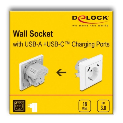 DELOCK πρίζα τοίχου 11499 με θύρες φόρτισης USB & USB-C, 18W PD, λευκή DELOCK πρίζα τοίχου 11499 με θύρες φόρτισης USB & USB-C, 18W PD, λευκή