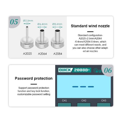 QUICK σταθμός θερμού αέρα QUICK2008D+ με πιστόλι, 750W, 100~450 °C QUICK σταθμός θερμού αέρα QUICK2008D+ με πιστόλι, 750W, 100~450 °C