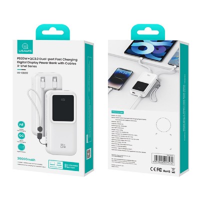 USAMS power bank US-CD212 με καλώδια, 4x έξοδοι, 20000mAh, 20W, λευκό USAMS power bank US-CD212 με καλώδια, 4x έξοδοι, 20000mAh, 20W, λευκό