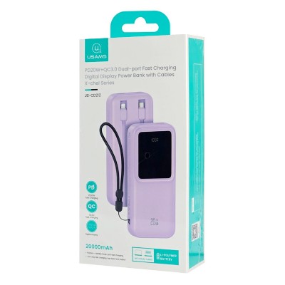 USAMS power bank US-CD212 με καλώδια, 4x έξοδοι, 20000mAh, 20W, μωβ USAMS power bank US-CD212 με καλώδια, 4x έξοδοι, 20000mAh, 20W, μωβ