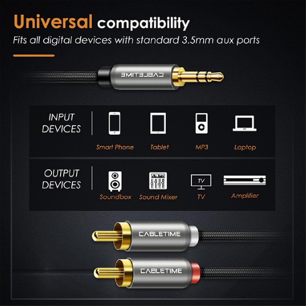 CABLETIME καλώδιο Stereo 3.5mm σε 2x RCA AV314, 1.8m, μαύρο