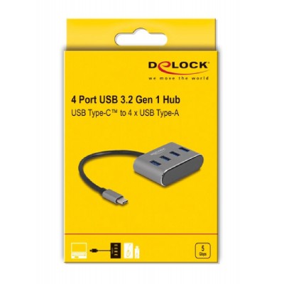 DELOCK USB-C hub 63223, 4x USB 3.2 Gen 1 θύρες, 5Gbps, γκρι DELOCK USB-C hub 63223, 4x USB 3.2 Gen 1 θύρες, 5Gbps, γκρι