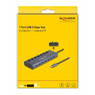 DELOCK USB-C hub 63410 με διακόπτες, 7x θυρών, 5Gbps, 20W, USB-C σύνδεση, μπλε DELOCK USB-C hub 63410 με διακόπτες, 7x θυρών, 5Gbps, 20W, USB-C σύνδεση, μπλε