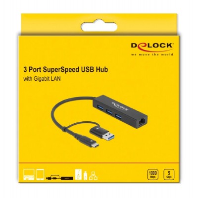 DELOCK USB hub 64149 3x USB 3.2 Gen 1/Gigabit LAN 1000Mbps, 5Gbps, μαύρο DELOCK USB hub 64149 3x USB 3.2 Gen 1/Gigabit LAN 1000Mbps, 5Gbps, μαύρο