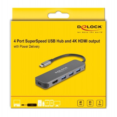 DELOCK USB-C hub 64170, 3x USB 5Gbps, HDMI 4K, USB-C PD 85W, γκρι DELOCK USB-C hub 64170, 3x USB 5Gbps, HDMI 4K, USB-C PD 85W, γκρι