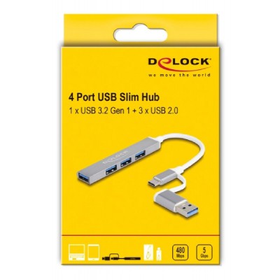 DELOCK USB hub 64214, 4x USB θύρες, USB & USB-C σύνδεση, γκρι DELOCK USB hub 64214, 4x USB θύρες, USB & USB-C σύνδεση, γκρι