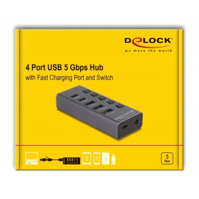 DELOCK USB hub 64248 με διακόπτες, 5x θυρών, 5Gbps, USB/USB-C σύνδεση, γκρι DELOCK USB hub 64248 με διακόπτες, 5x θυρών, 5Gbps, USB/USB-C σύνδεση, γκρι