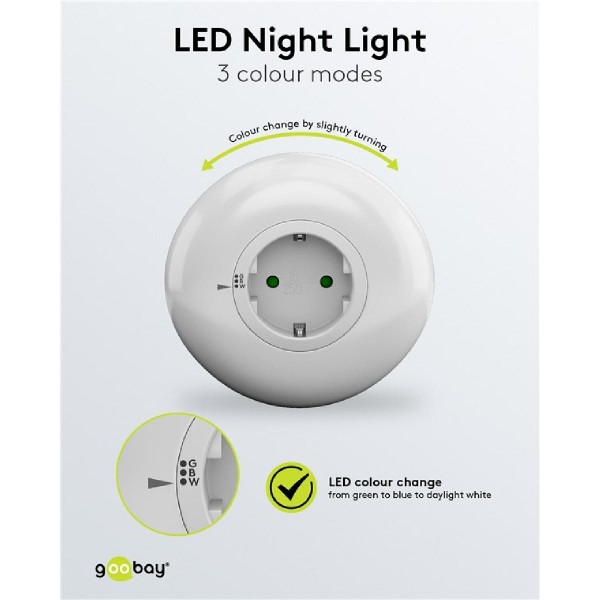 GOOBAY LED φωτιστικό νυκτός 64567, πρίζα schuko, 3 χρώματα φωτός, 6500K GOOBAY LED φωτιστικό νυκτός 64567, πρίζα schuko, 3 χρώματα φωτός, 6500K