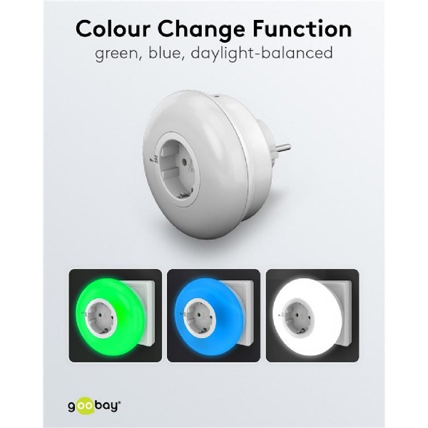 GOOBAY LED φωτιστικό νυκτός 64567, πρίζα schuko, 3 χρώματα φωτός, 6500K GOOBAY LED φωτιστικό νυκτός 64567, πρίζα schuko, 3 χρώματα φωτός, 6500K