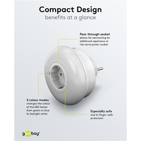 GOOBAY LED φωτιστικό νυκτός 64567, πρίζα schuko, 3 χρώματα φωτός, 6500K GOOBAY LED φωτιστικό νυκτός 64567, πρίζα schuko, 3 χρώματα φωτός, 6500K