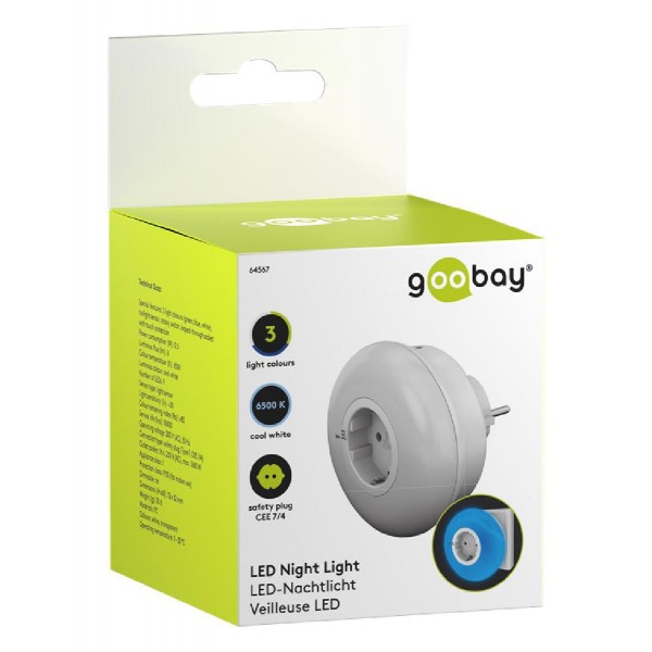GOOBAY LED φωτιστικό νυκτός 64567, πρίζα schuko, 3 χρώματα φωτός, 6500K GOOBAY LED φωτιστικό νυκτός 64567, πρίζα schuko, 3 χρώματα φωτός, 6500K