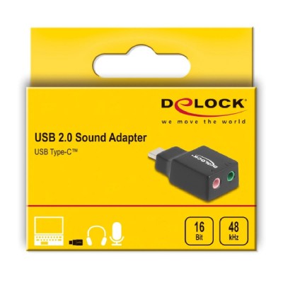 DELOCK εξωτερική κάρτα ήχου 67128, 2x 3.5mm, USB-C σύνδεση, μαύρη DELOCK εξωτερική κάρτα ήχου 67128, 2x 3.5mm, USB-C σύνδεση, μαύρη