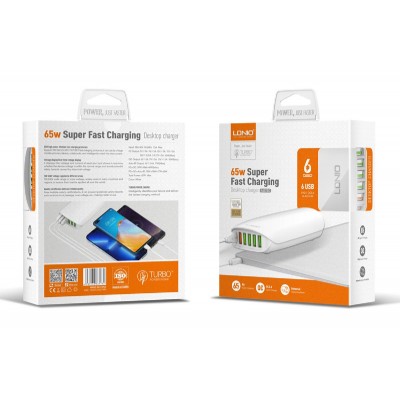 LDNIO σταθμός φόρτισης A6573C, USB-C/5x USB, 65W, PD/QC, λευκός LDNIO σταθμός φόρτισης A6573C, USB-C/5x USB, 65W, PD/QC, λευκός