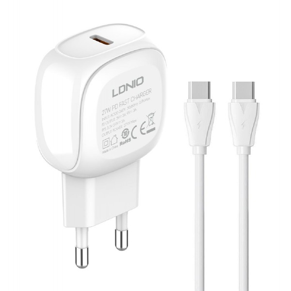 LDNIO φορτιστής τοίχου A1206C με καλώδιο USB-C, 1x USB-C, 27W PD, λευκός LDNIO φορτιστής τοίχου A1206C με καλώδιο USB-C, 1x USB-C, 27W PD, λευκός