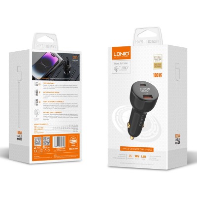LDNIO φορτιστής αυτοκινήτου C101 με καλώδιο, USB/USB-C, 100W PD, μαύρος LDNIO φορτιστής αυτοκινήτου C101 με καλώδιο, USB/USB-C, 100W PD, μαύρος