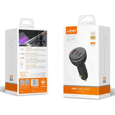 LDNIO φορτιστής αυτοκινήτου C102 με καλώδιο, USB/2x USB-C, 160W, μαύρος LDNIO φορτιστής αυτοκινήτου C102 με καλώδιο, USB/2x USB-C, 160W, μαύρος