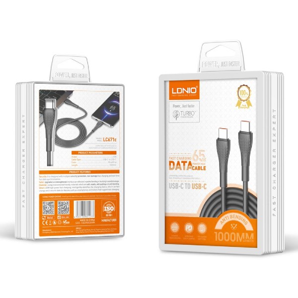 LDNIO καλώδιο USB-C σε USB-C LC671C, 65W PD, 1m, γκρι LDNIO καλώδιο USB-C σε USB-C LC671C, 65W PD, 1m, γκρι