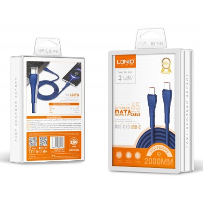LDNIO καλώδιο USB-C σε USB-C LC672C, 65W PD, 2m, μπλε LDNIO καλώδιο USB-C σε USB-C LC672C, 65W PD, 2m, μπλε
