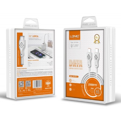 LDNIO καλώδιο USB-C σε USB-C LC812C, 65W PD, 2m, λευκό LDNIO καλώδιο USB-C σε USB-C LC812C, 65W PD, 2m, λευκό