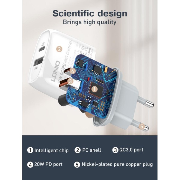LDNIO φορτιστής τοίχου Q229 με καλώδιο, USB & USB-C, 20W PD, λευκός LDNIO φορτιστής τοίχου Q229 με καλώδιο, USB & USB-C, 20W PD, λευκός